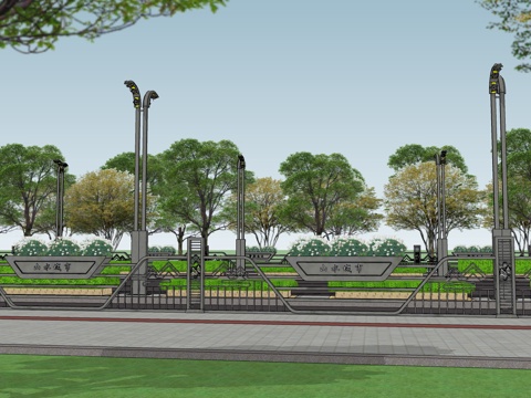 现代中式道路围栏交通配件道路护栏车档非机动车护栏市政护栏su模型