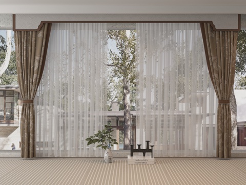 新中式布艺窗帘su模型