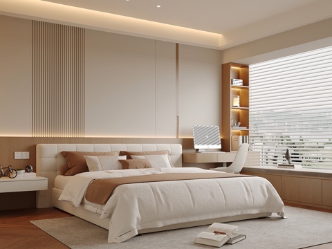 现代卧室 双人床 飘窗su模型