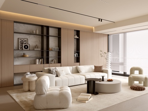 现代客厅 奶油客厅 沙发背景墙 客厅背景 沙发茶几组合su模型