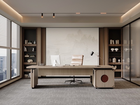  新中式经理办公室 办公桌椅3d模型 