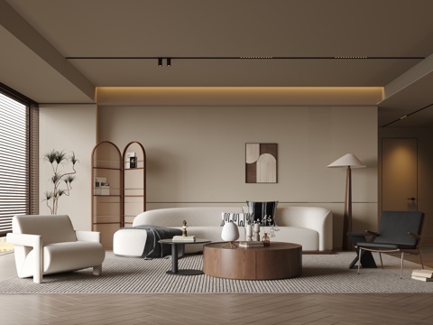  现代中古风家居客厅3d模型 