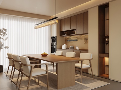 新中式餐厅 餐桌椅 酒柜su模型