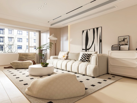  奶油风客餐厅 开放厨房 书房 背景墙3d模型 