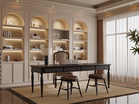 法式书房 书桌椅 书柜su模型