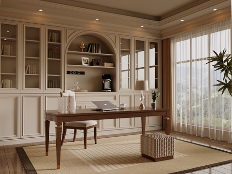 法式书房 书桌椅 书柜su模型