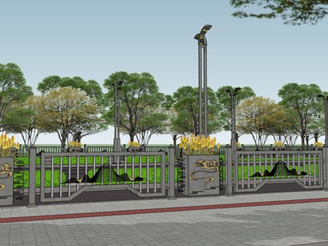 现代中式道路围栏交通配件道路护栏车档非机动车护栏市政护栏su模型