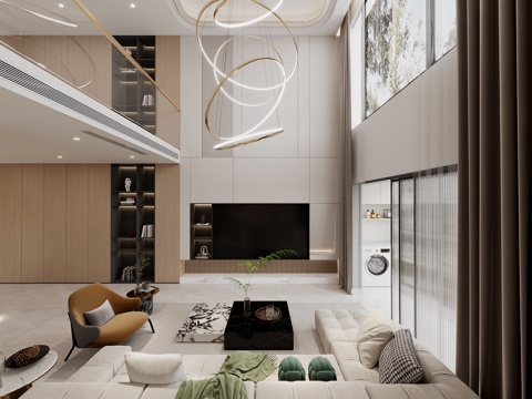  现代别墅客厅 挑空客厅 书柜 展示柜 楼梯3d模型 