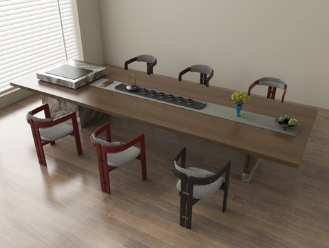 现代茶桌椅组合 茶具su模型