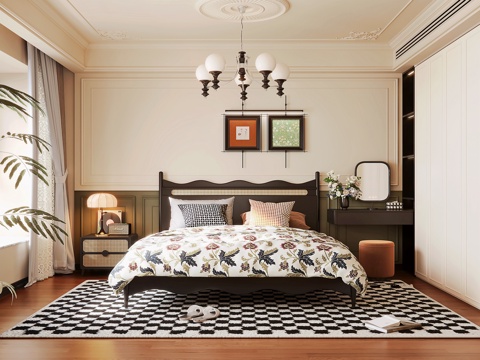 法式风格卧室 法式双人床 床头柜 梳妆台 法式衣柜 法式吊灯su模型