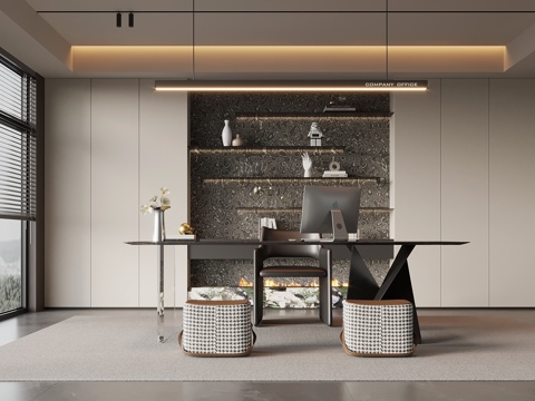 现代意式书房 书柜 书桌椅su模型