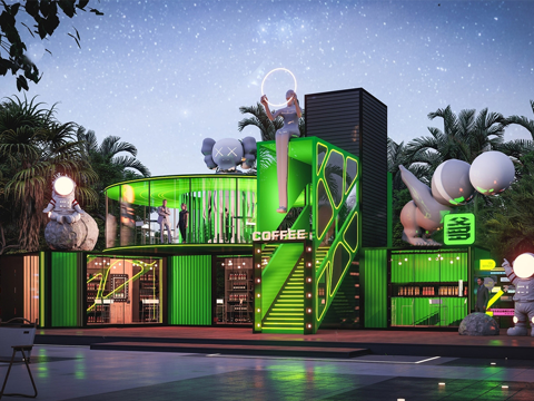 现代集装箱餐饮建筑 酒吧 奶茶店su模型