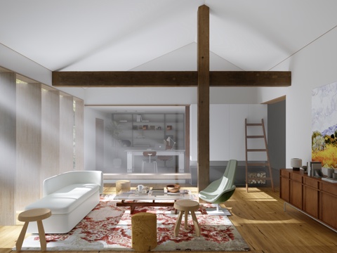  现代原木家居客厅 书房 自然风 丁达尔3d模型 