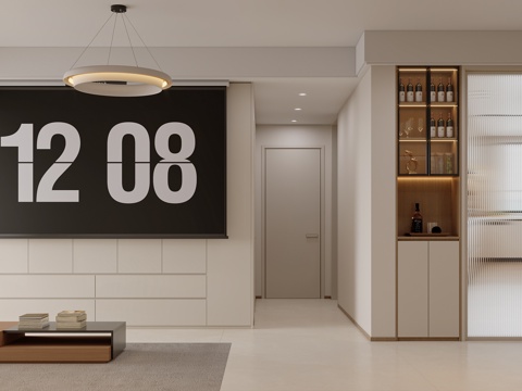  现代奶油风简约客餐厅3d模型 