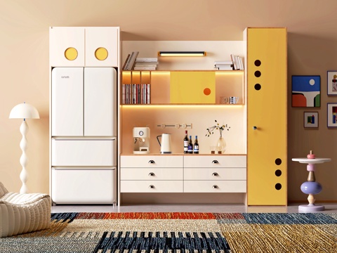  现代餐边柜 餐具摆件 咖啡机 落地灯 冰箱3d模型 