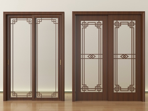 新中式推拉门 移门 实木门su模型