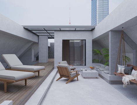  现代别墅露台 屋顶花园 休闲阳台 户外躺椅 休闲椅 吊椅 卡3d模型 