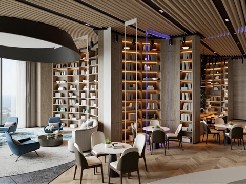 现代书店_图书馆_休闲书吧_书柜_图书室_阅览室_休闲桌椅_su模型