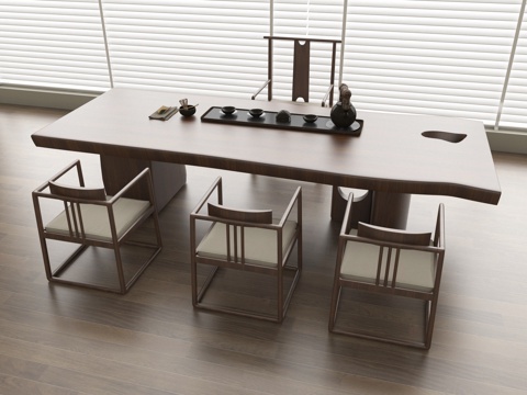 新中式茶桌椅组合 茶具su模型