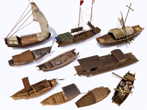 中式木船 渔船 游船 木舟 小船 帆船 仿古船 客船 轮船su模型