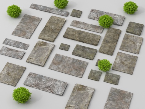 现代汀步 老石板铺地 园路 自然石 青石板 踏步su模型