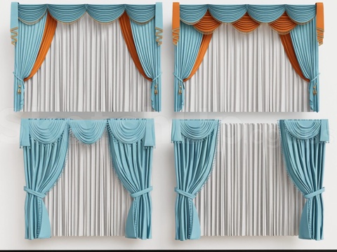 新古典窗帘 蓝色帷幔窗帘 金色绶带帘头 双层纱帘布帘su模型