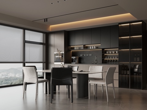 现代意式餐厅 酒柜 餐桌椅su模型