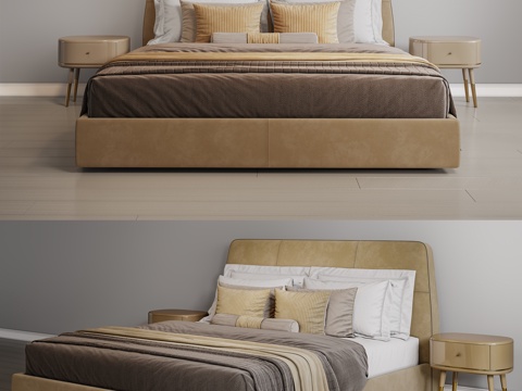  简欧双人床 布艺双人床 床上用品 床头柜3d模型 