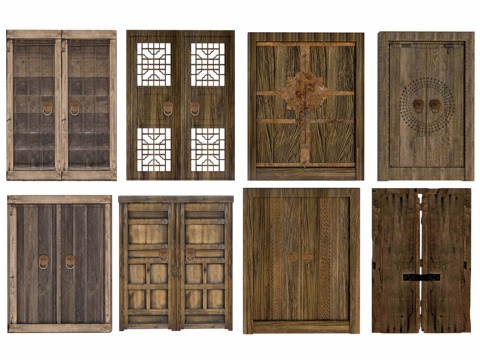 中式木头门 木门 老木门 老木头门 破旧木门 门板 原木门su模型