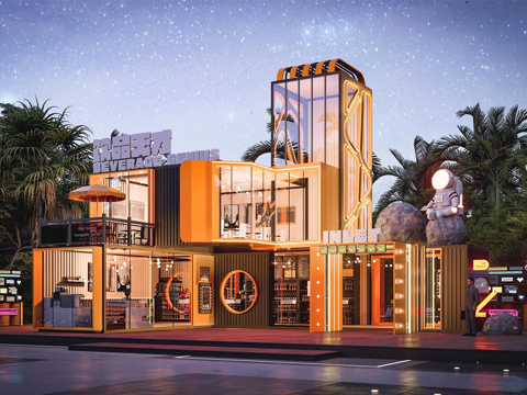 现代集装箱餐饮建筑 酒吧 奶茶su模型