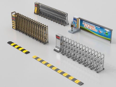 现代电动伸缩折叠门 道闸停车感应升降杆 减速带su模型