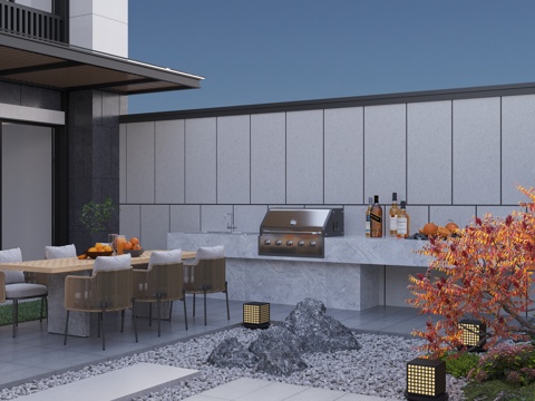  新中式别墅 庭院花园 户外花园餐桌椅 户外操作台 洗手台 烧3d模型 