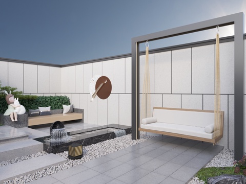  新中式别墅 庭院花园 户外双人吊椅秋千 休闲卡座 水钵水景3d模型 