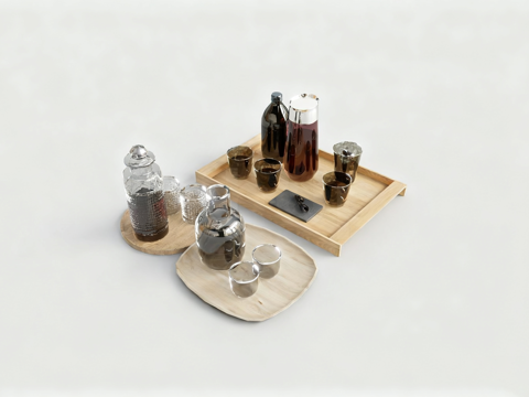北欧风饮品器具 茶具餐具 玻璃材质器皿 原木托盘底座su模型