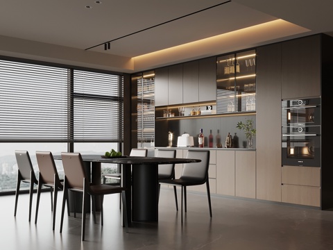 现代意式餐厅 酒柜 餐边柜 餐桌椅su模型