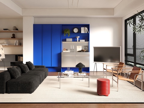  现代中古风客厅 横厅 小户型3d模型 