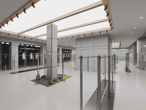 现代潮牌服装店 服装货架 服饰衣架 软膜天花 水包砂艺术涂料su模型