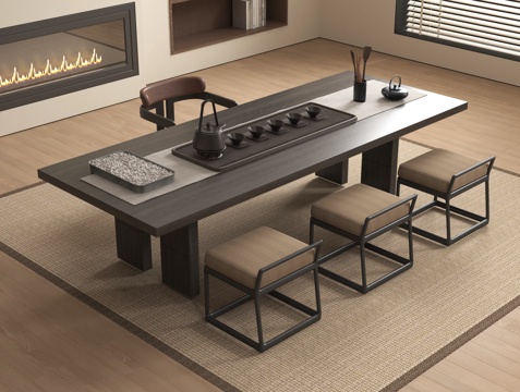 新中式茶桌椅组合 茶具su模型