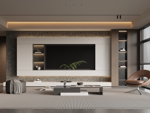  现代意式客厅 电视背景墙 电视柜 沙发茶几组合su模型 