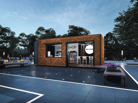 现代集装箱餐饮建筑 潮流网红打卡点su模型