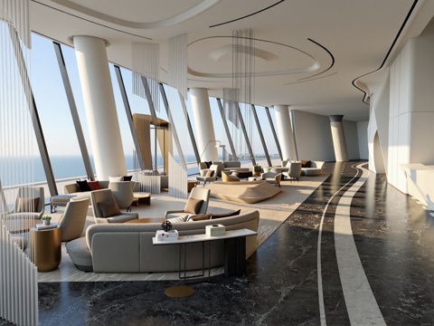 现代售楼部大厅_前台接待区_前台背景墙_沙盘模型_异型楼梯su模型