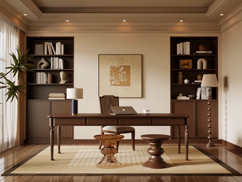 法式书房 书桌椅 书柜 中古风书房su模型