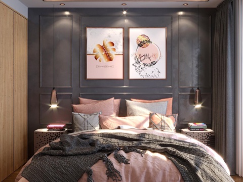  后现代轻奢主卧室 轻奢装饰品 现代双人床 衣柜 现代窗帘3d模型 