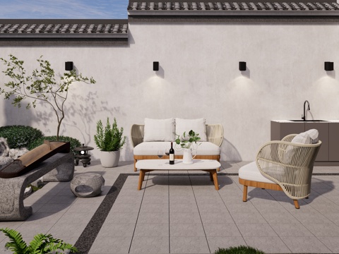 中式庭院花园 休闲户外沙发组合 古筝 操作台 洗手池组合su模型