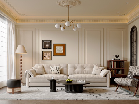  法式中古风客厅 中古风沙发茶几组合 中古风休闲椅 休闲椅3d模型 