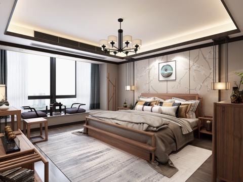  新中式 卧室 双人床 床头柜 凳子 衣柜 吊灯 台灯 挂3d模型 