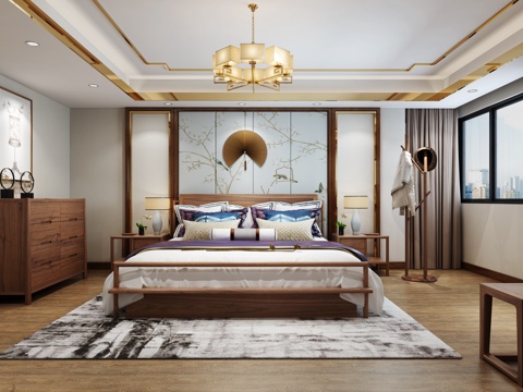  新中式卧室 双人床 床头柜 凳子 衣柜 吊灯 台灯 挂画3d模型 