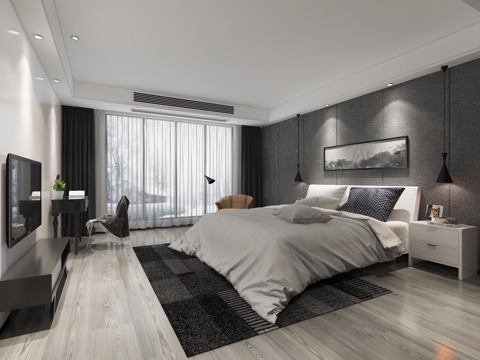  现代卧室 床 电视柜 吊灯3d模型 