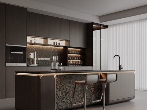 现代餐厅 意式岛台 酒柜 餐桌椅su模型