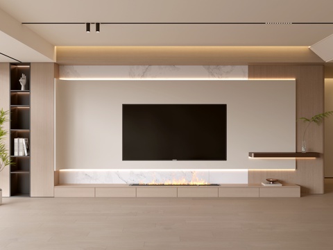 现代客厅 奶油客厅 电视背景墙 客厅背景 奶油风背景墙su模型